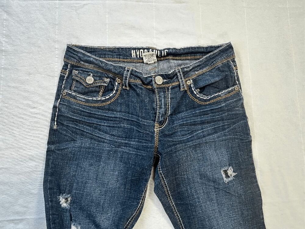 Hydraulic Low Rise Stretch Jeans Size 13/14 Distressed/Thrashed Wide Stitch Y2K - Picture 4 of 7